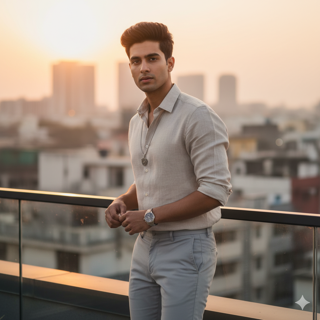 Standing on a modern rooftop balcony