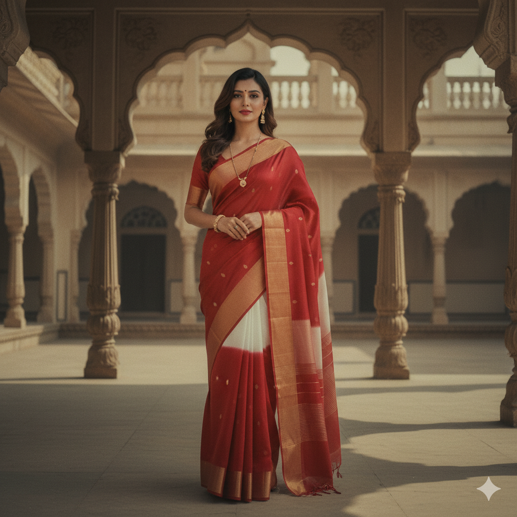 Red and white saree with timeless cinematic look