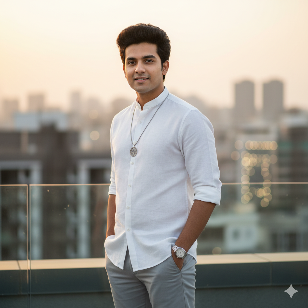 Standing confidently on a modern rooftop balcony