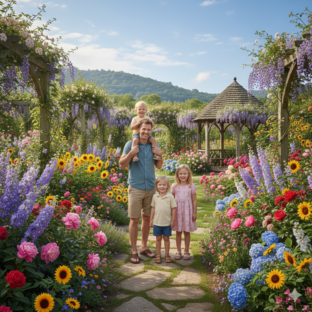 Parents with Kids in a Beautiful Garden