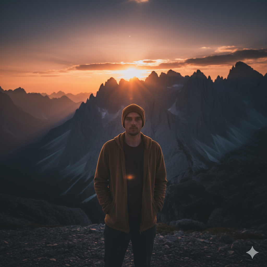 Cinematic mountain sunset scene