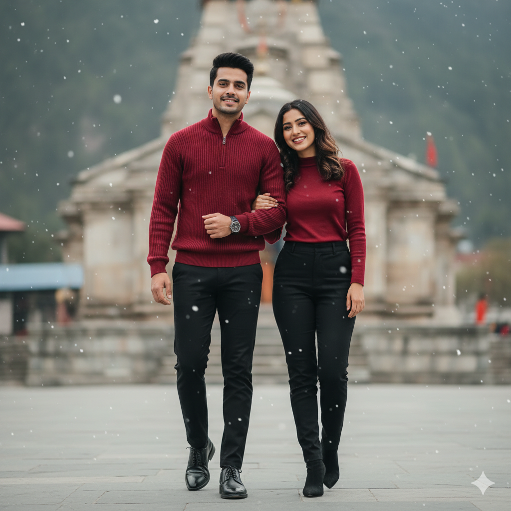 Ultra-realistic portrait front of Kedarnath Mandir