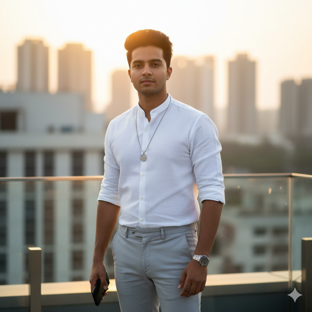 Standing on a modern rooftop balcony