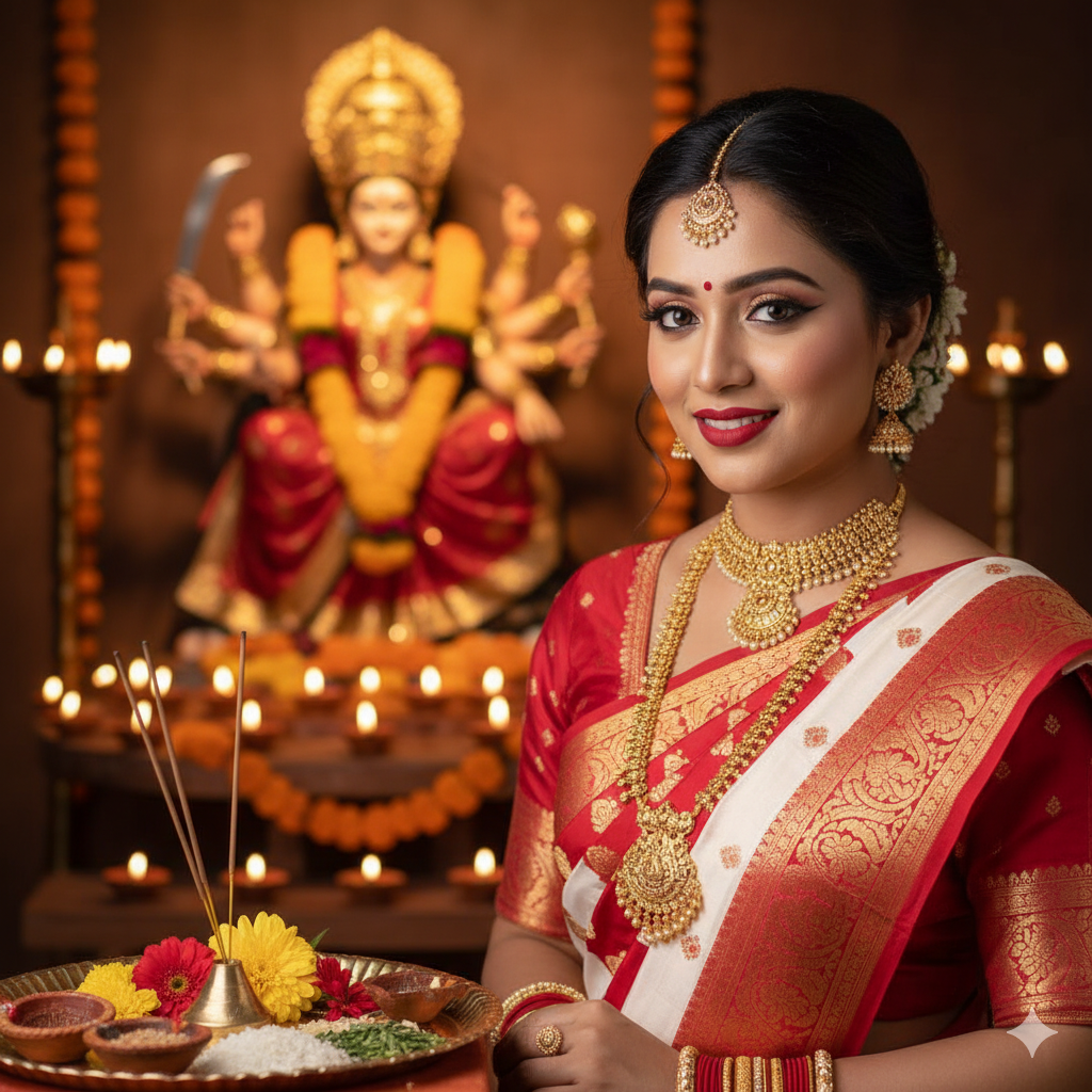 4K HD portrait red and white saree